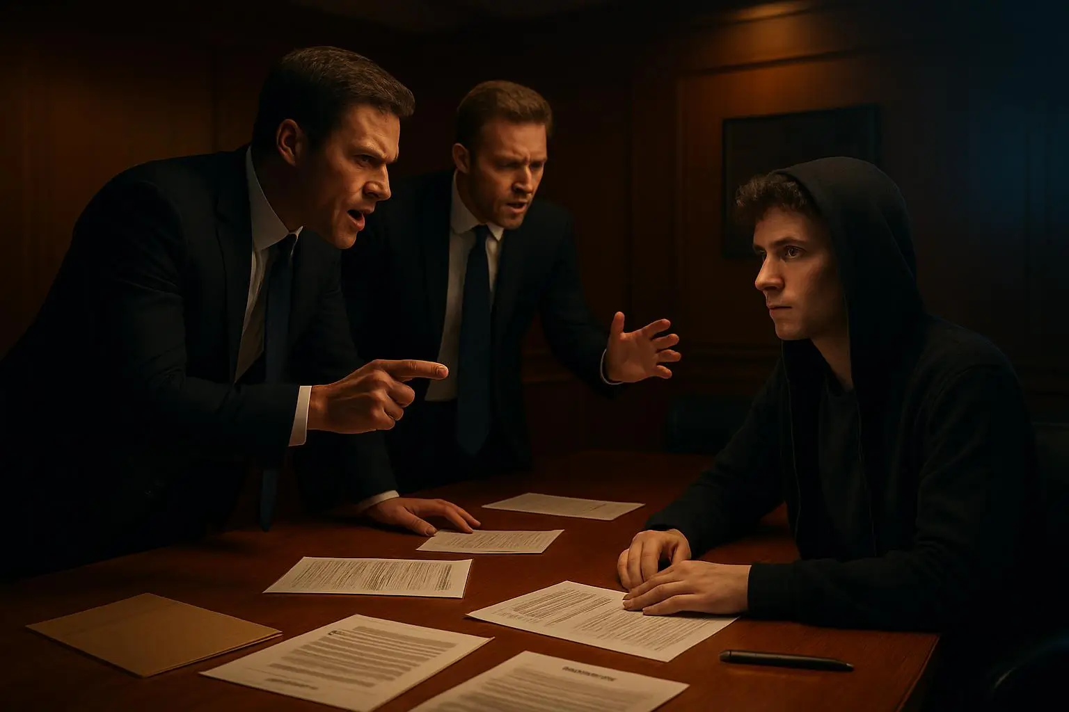 صحنهای از جلسه پرتنش شکایت حقوقی برادران وینکلووس علیه زاکربرگ بر سر ایده و مالکیت فیسبوک