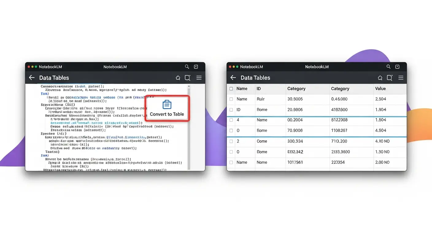 نمایش بصری از قابلیت Data Tables در NotebookLM که دادههای خام را به جدول منظم تبدیل میکند.