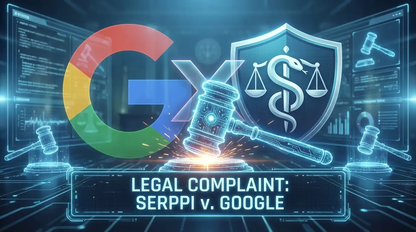 لوگوی گوگل در مقابل لوگوی Serppi با نماد چکش عدالت دیجیتال در وسط، نمایانگر شکایت حقوقی