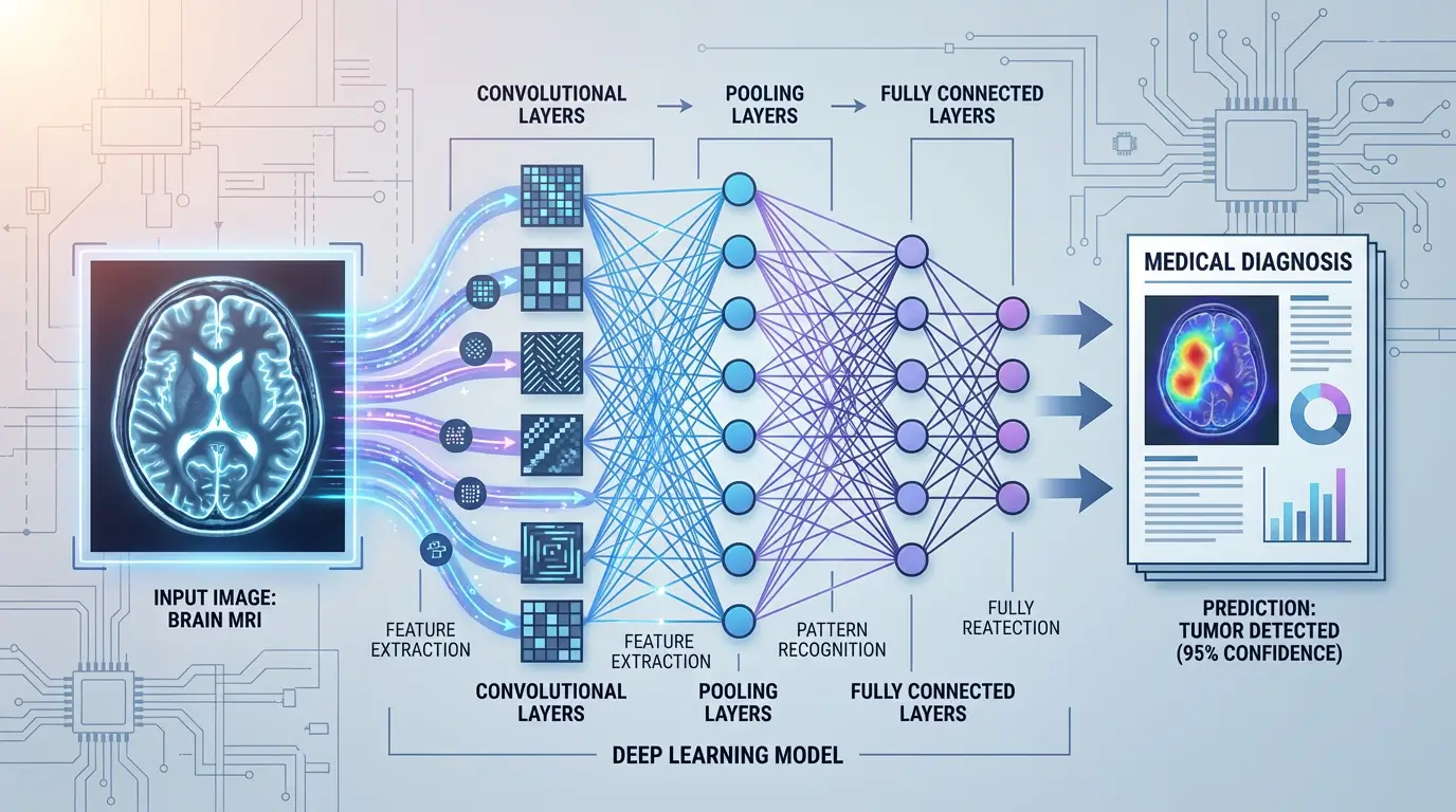 نمودار گرافیکی یک شبکه عصبی هوش مصنوعی در حال پردازش و تحلیل یک تصویر پزشکی