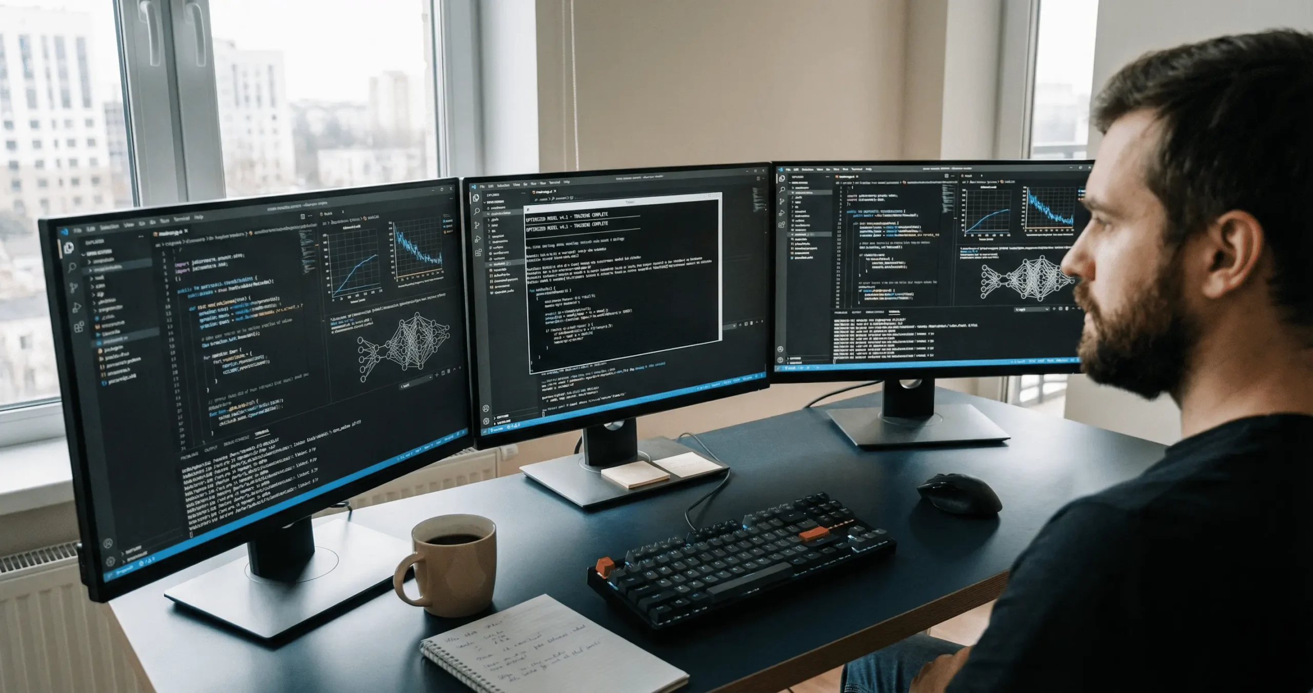  یک توسعه‌دهنده در حال کار با مانیتورهای چندگانه که کدهای بهینه هوش مصنوعی را نشان می‌دهند