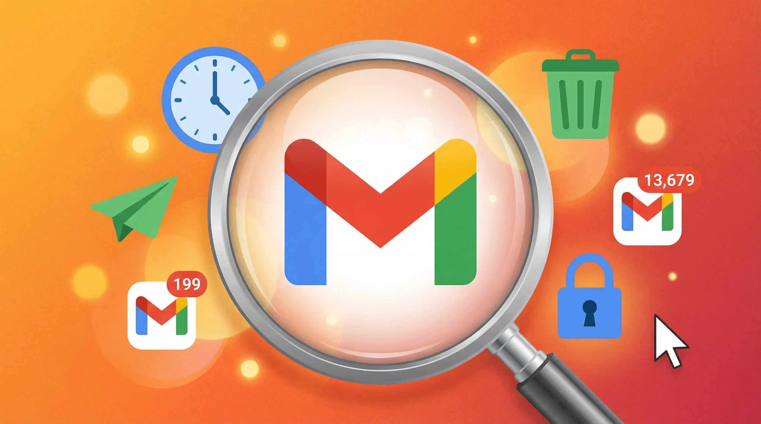 تغییر آدرس جیمیل بالاخره ممکن شد؛ تصویر نماد جیمیل زیر ذرهبین با آیکونهای مدیریتی