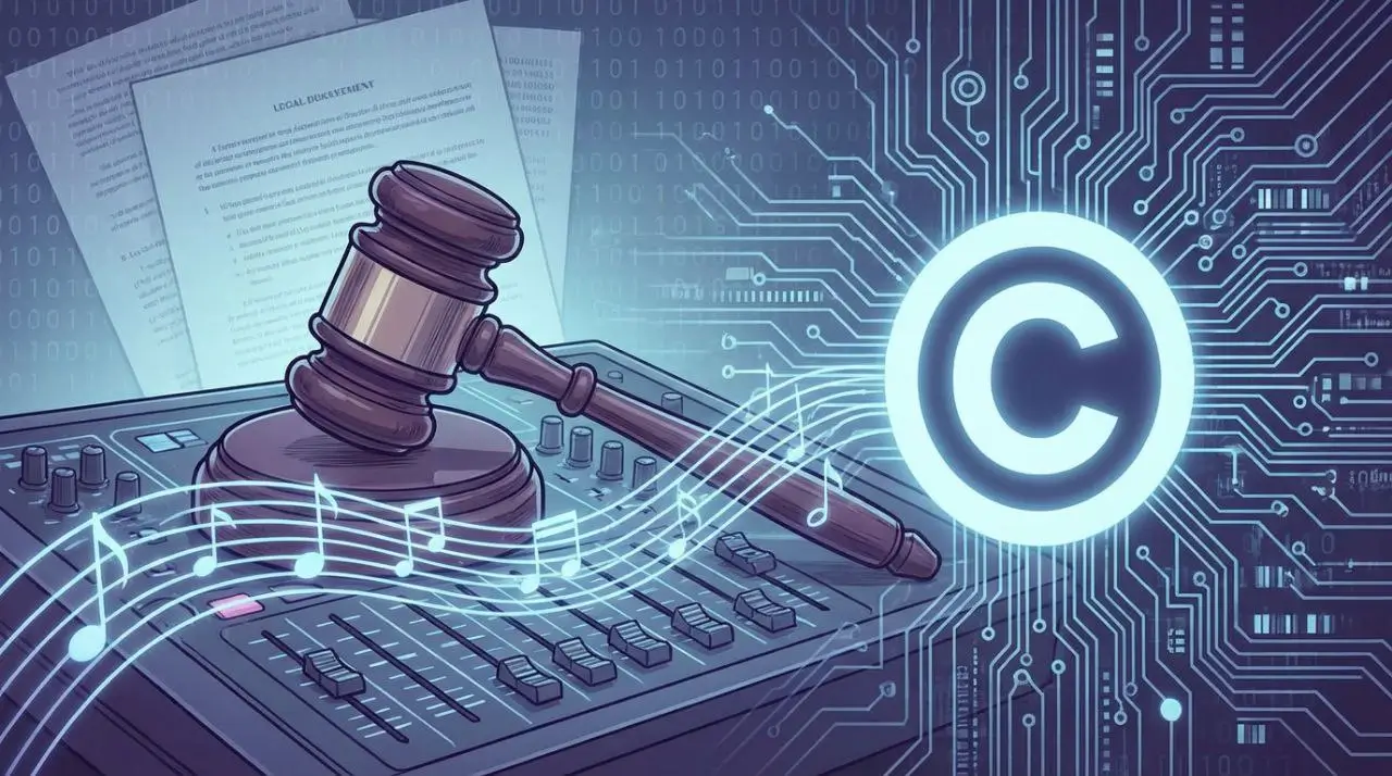 تصویر مفهومی از چالشهای حقوقی هوش مصنوعی در موسیقی، نمایشگر یک گَوِل (چکش عدالت) در کنار نتهای موسیقی و نماد کپیرایت