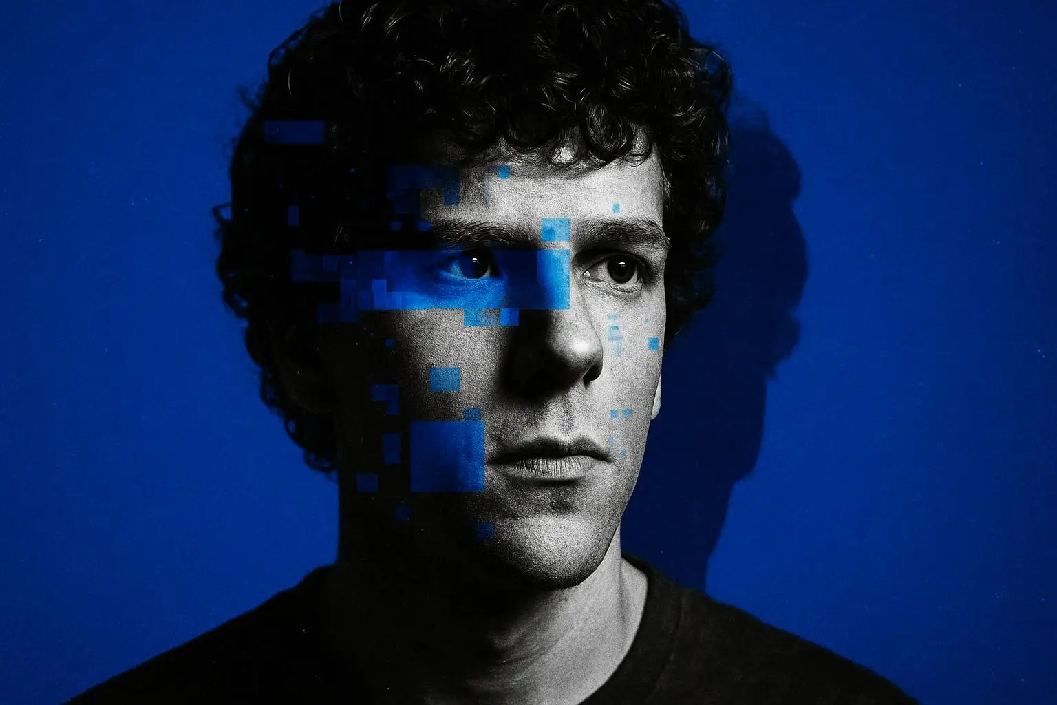 تصویر هنری از چهره مارک زاکربرگ در فیلم شبکه اجتماعی که نماد نبوغ، جاهطلبی و جنبههای تاریک خلق فیسبوک است