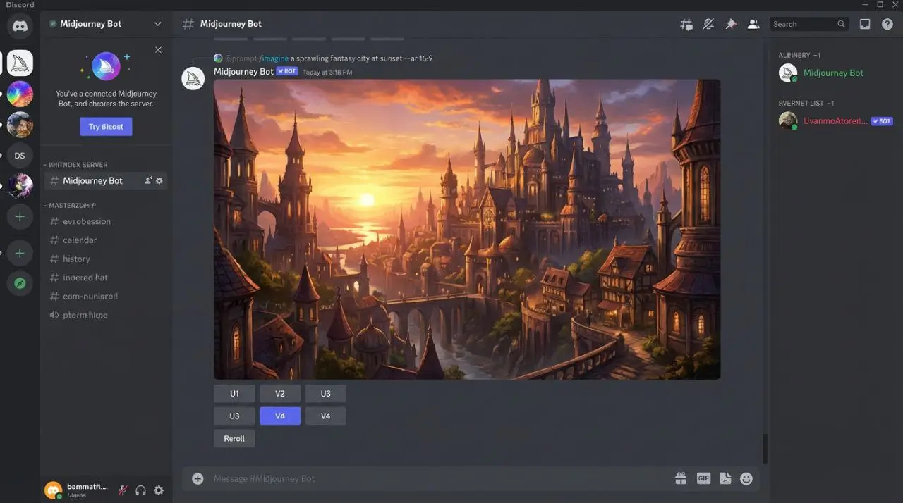 محیط کاری ربات Midjourney در پلتفرم دیسکورد برای ساخت تصویر
