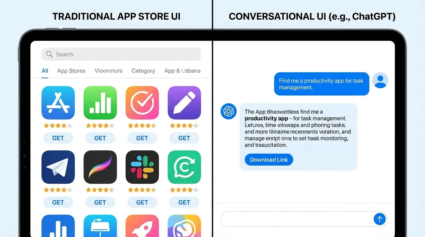 مقایسه رابط کاربری سنتی اپ استور با رابط کاربری محاورهای ChatGPT