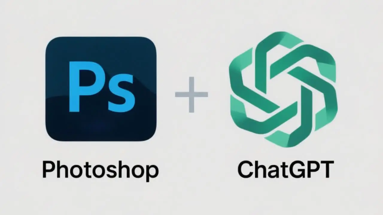 تصویر گرافیکی از لوگوی فتوشاپ و ChatGPT، نمادی از ادغام ویرایش تصویر با هوش مصنوعی