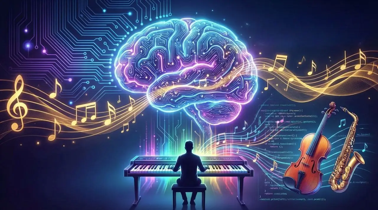 تصویرسازی هنری از امواج صوتی و نت‌های موسیقی دیجیتال که توسط هوش مصنوعی OpenAI تولید شده‌اند - تحلیل ابزار تولید موسیقی هوش مصنوعی