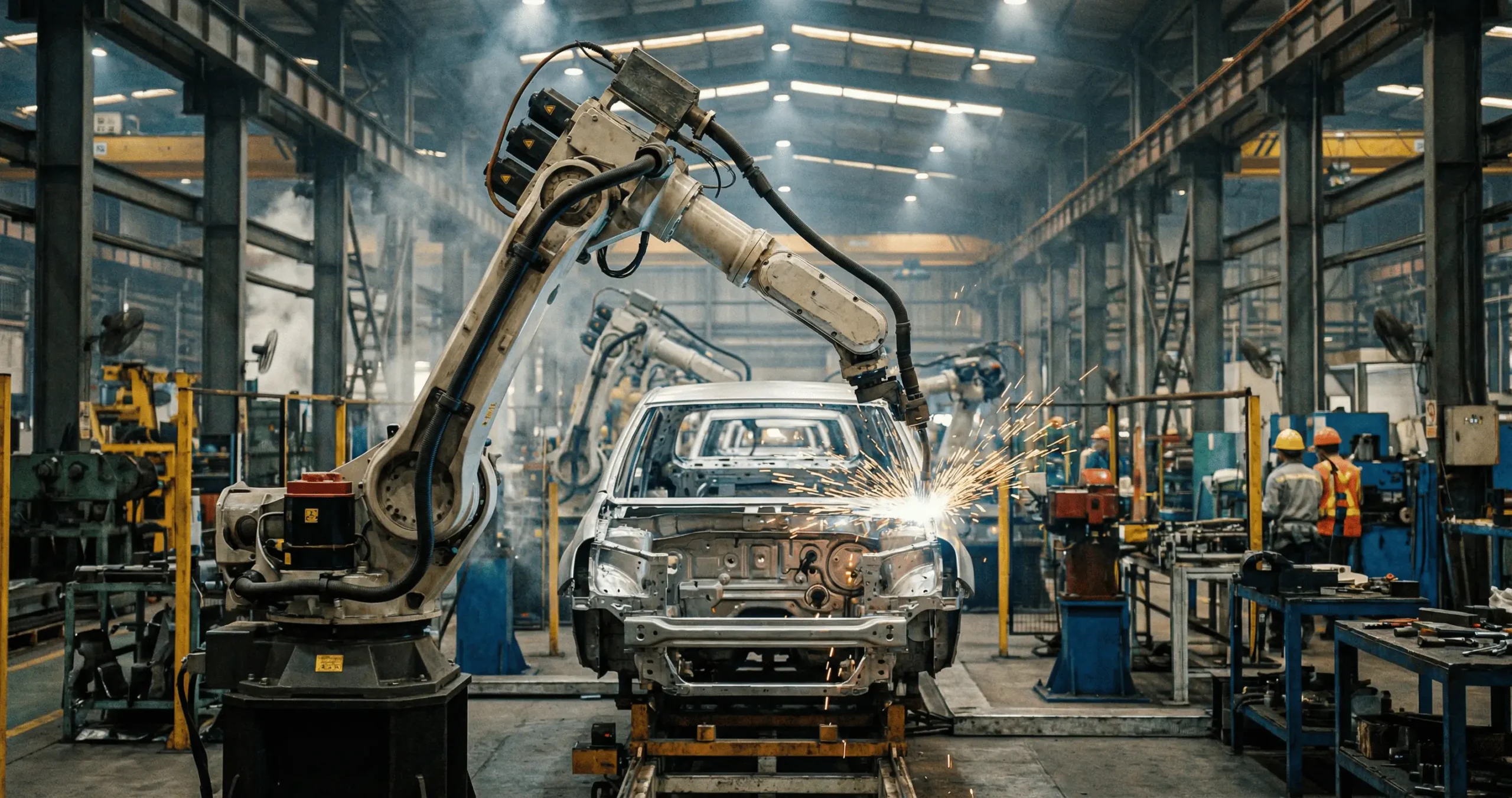 تصویر بازوی رباتیک در حال کار در کارخانه صنعتی