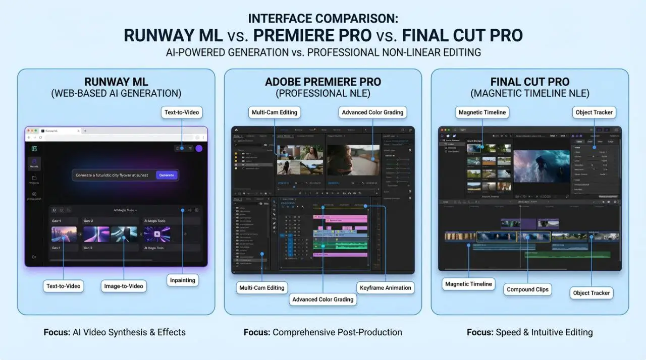 تفاوت رابط Runway ML با Premiere و Final Cut