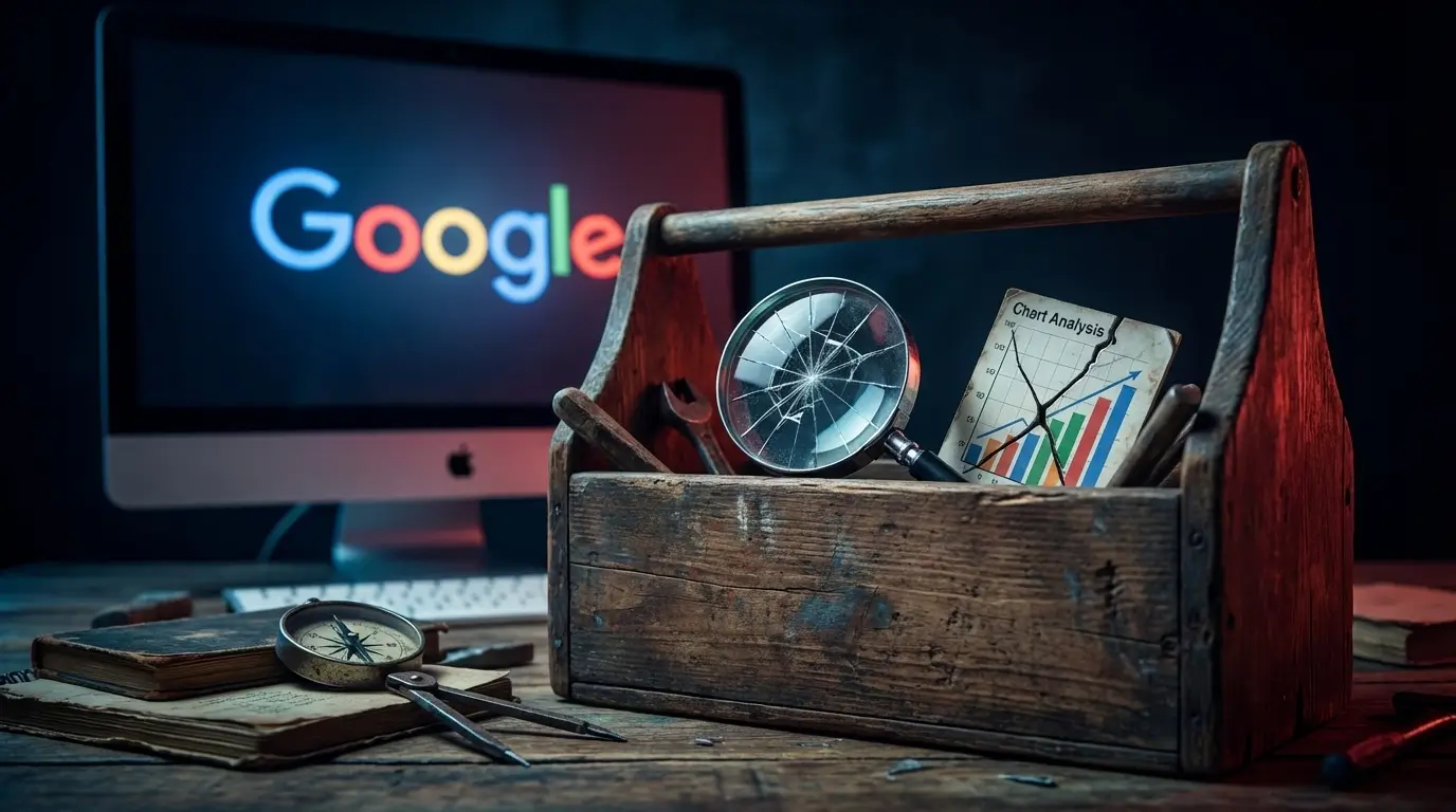 جعبه ابزار سئو با ابزارهای شکسته که نماد تأثیر منفی شکایت گوگل بر ابزارهای تحلیل سئو است.