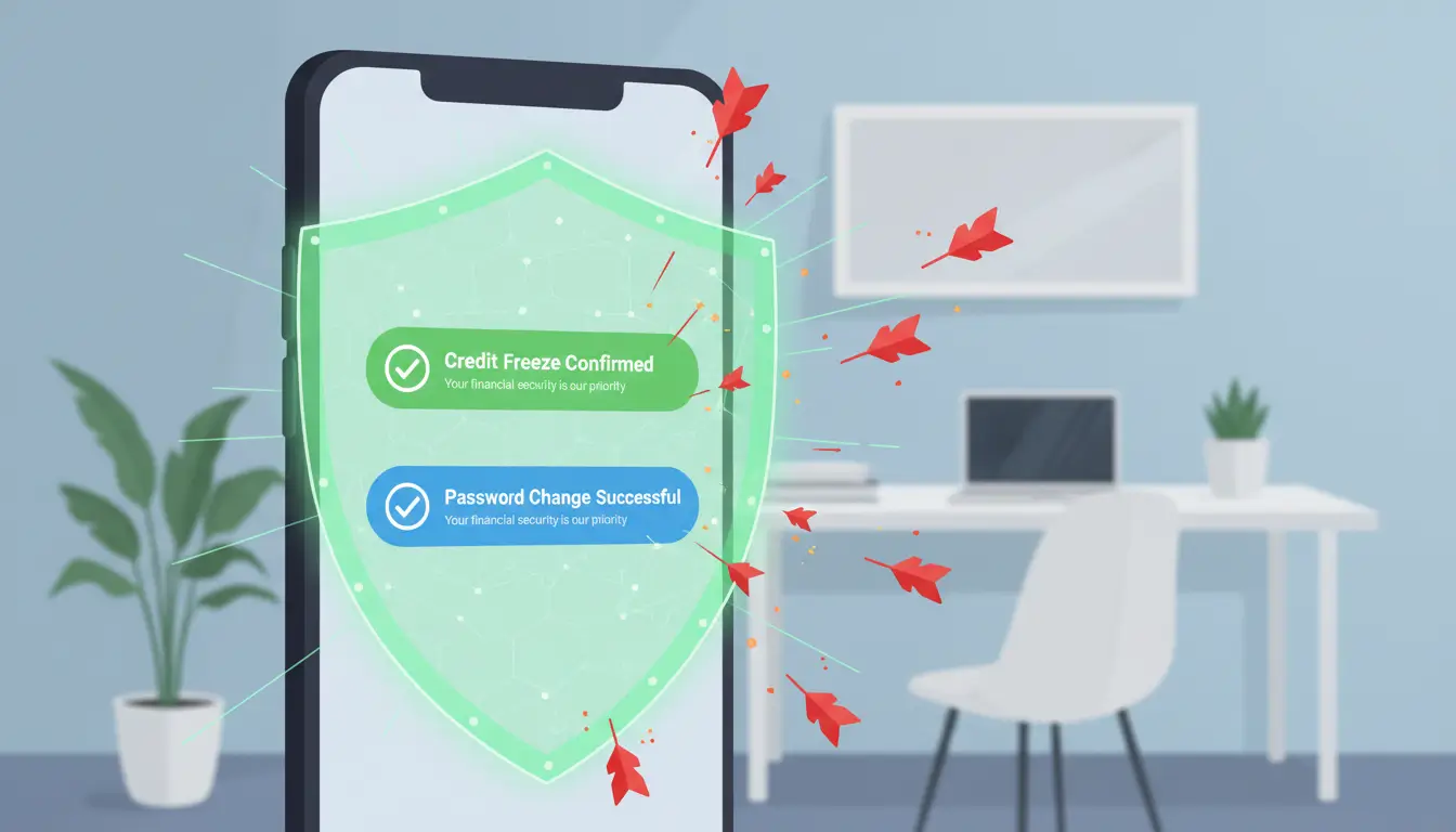 گوشی هوشمند با سپر امنیتی که امکان مسدود کردن اعتبار و تغییر رمز عبور را برای محافظت در برابر سرقت هویت فراهم میکند