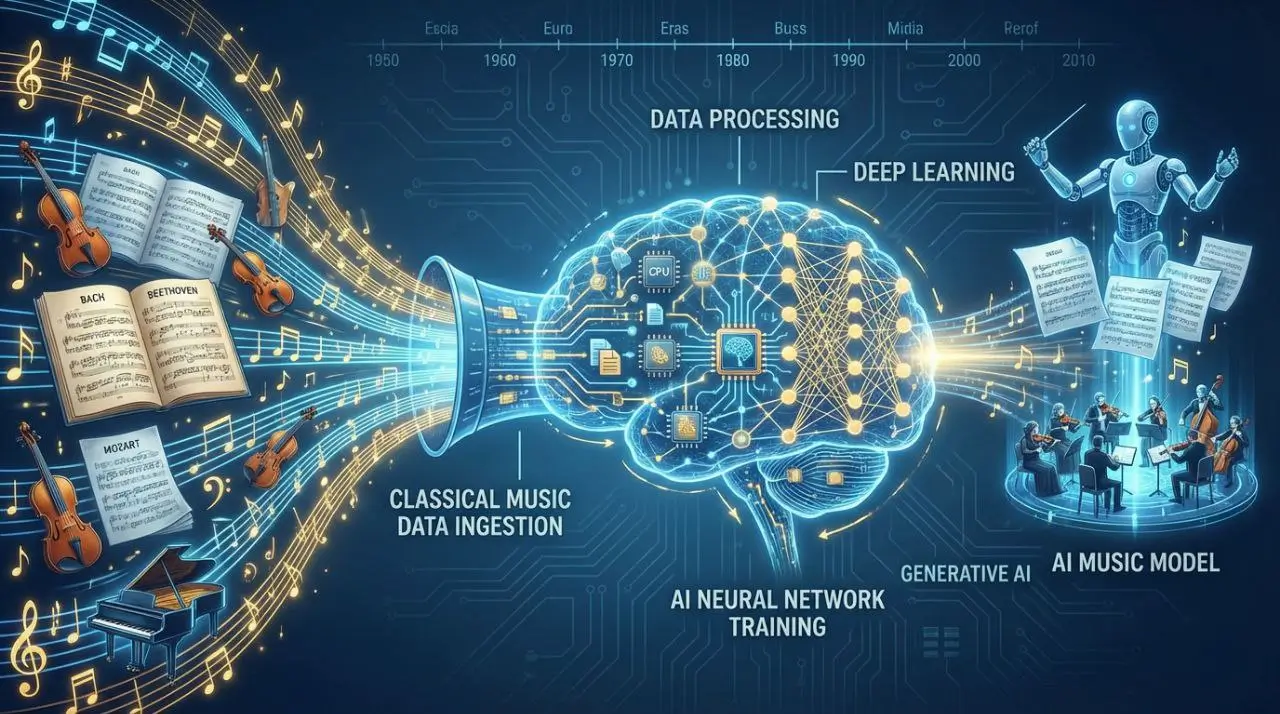 اینفوگرافیک مفهومی از شبکههای عصبی و هوش مصنوعی که با دادههای موسیقی کلاسیک و پارتیتورها در حال آموزش است