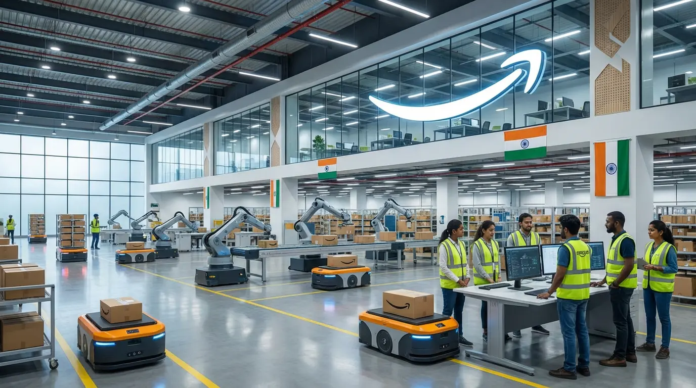 نمایی از انبار مدرن آمازون در هند با رباتهای هوشمند حمل بار و لوگوی آمازون – نماد سرمایهگذاری لجستیک هوشمند