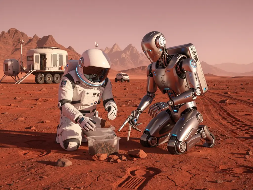 همکاری یک فضانورد و یک ربات پیشرفته روی سطح مریخ برای جمع‌آوری نمونه که نماد آینده اکتشافات و کار در فضا است