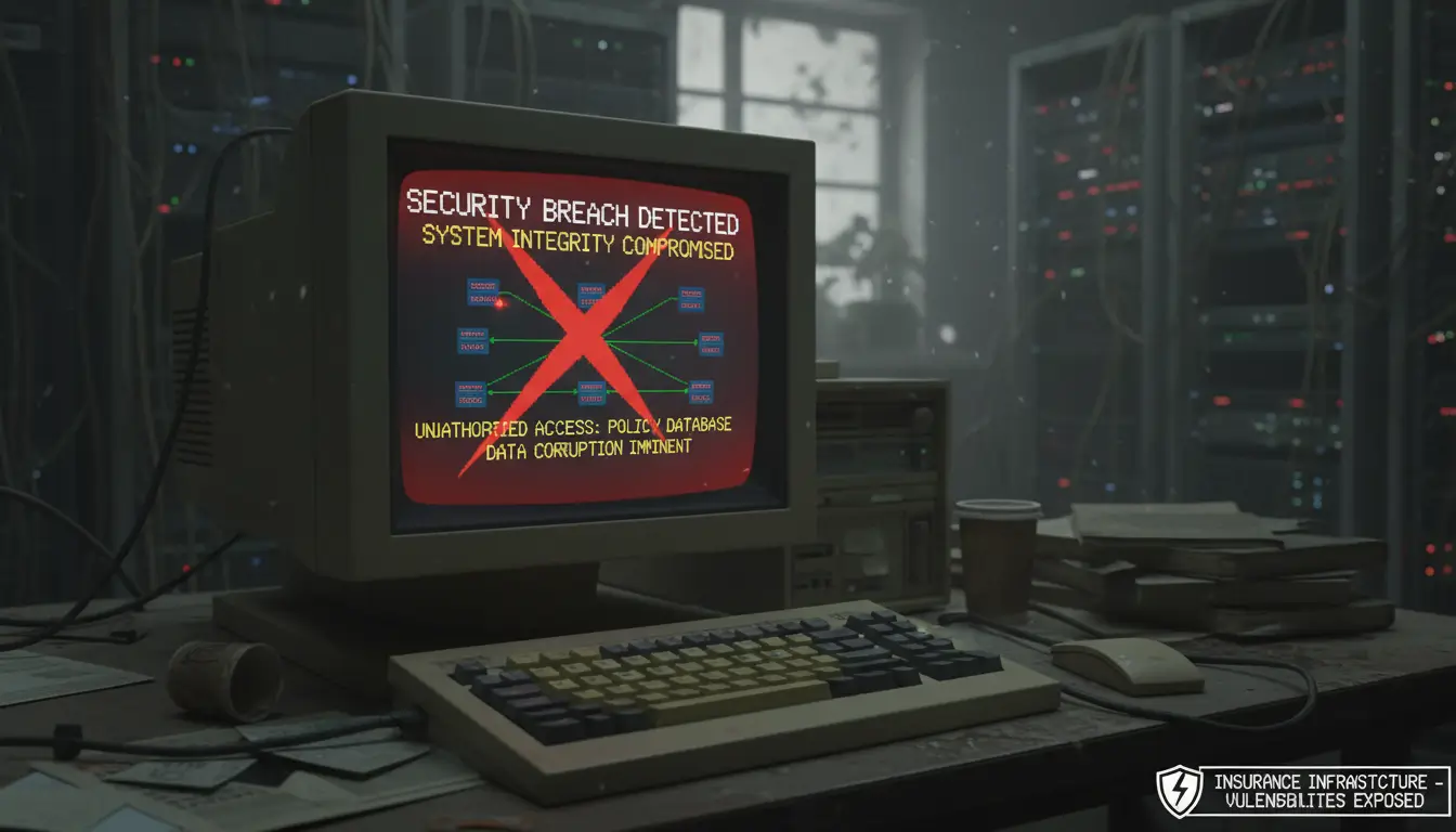 سیستم کامپیوتری قدیمی که هشدار نقض امنیتی را نشان میدهد و نشاندهنده آسیبپذیری در زیرساختهای بیمه است