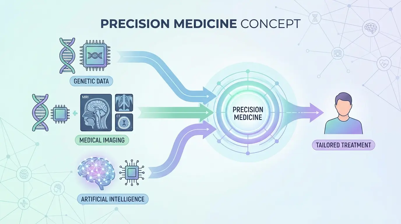 نمودار مفهومی پزشکی دقیق که ترکیبی از دادههای ژنتیک، تصویربرداری و هوش مصنوعی را نشان میدهد
