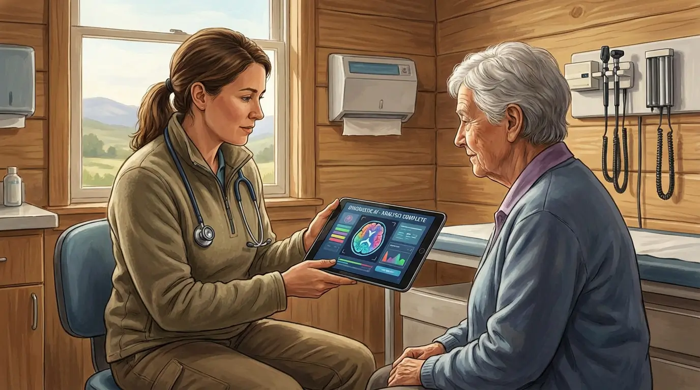 یک پزشک در یک کلینیک روستایی با استفاده از تبلت و نرمافزار تشخیصی هوش مصنوعی در حال کمک به بیمار است