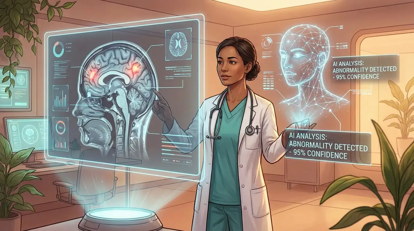 پزشک در حال تحلیل اسکن مغز با کمک هوش مصنوعی