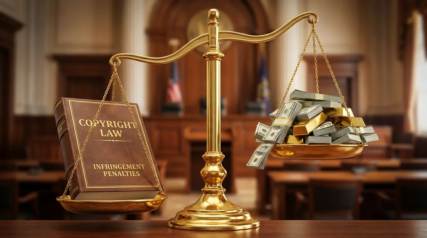 ترازوی عدالت که یک کتاب را در برابر انبوهی از پول میسنجد، جریمههای احتمالی میلیارد دلاری برای نقض حق چاپ هوش مصنوعی را نشان میدهد