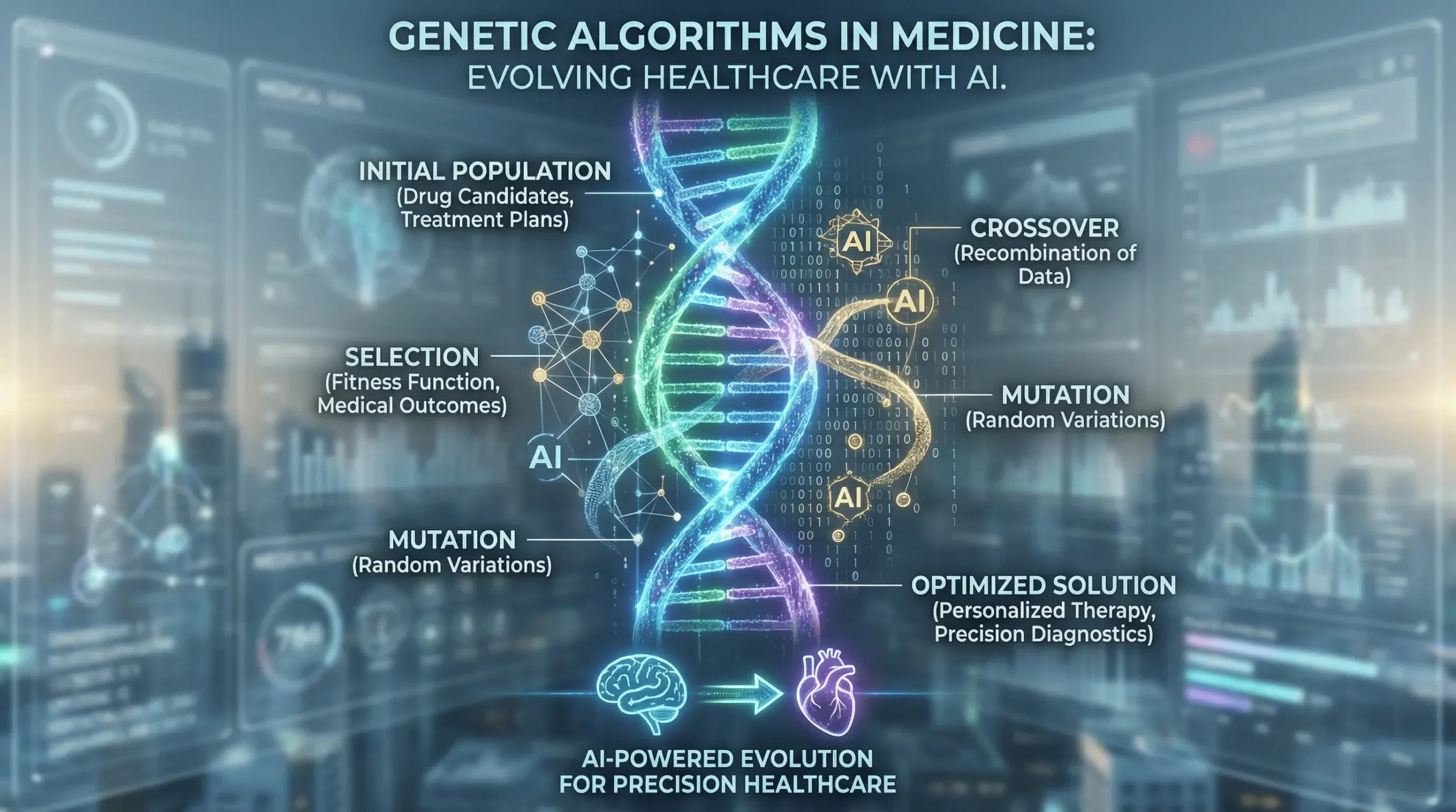 اینفوگرافیک مفهومی از الگوریتم ژنتیک در پزشکی که ساختار درخشان DNA را در هم‌تنیده با کدهای دیجیتال هوش مصنوعی نشان می‌دهد