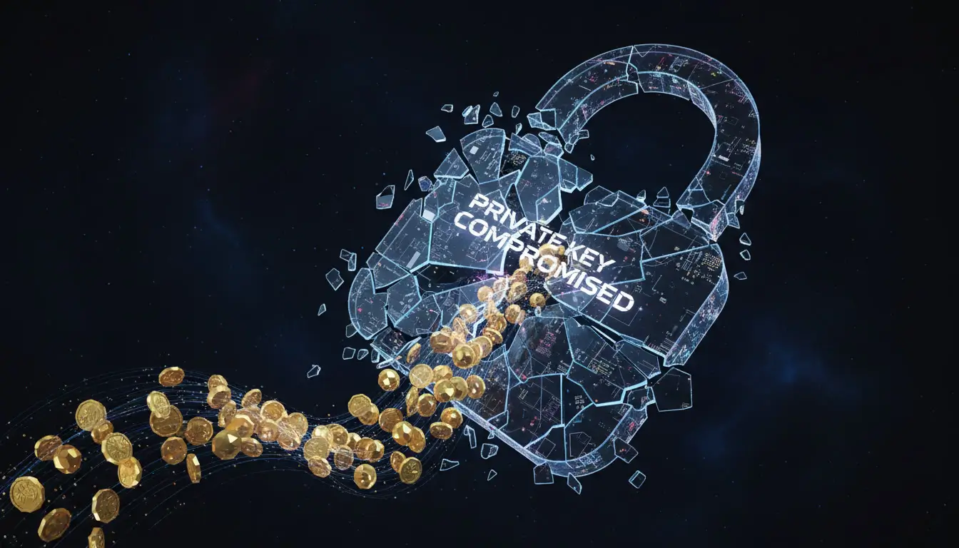 تصویری نمادین از یک قفل دیجیتال شکسته، که نشاندهندهی کلیدهای خصوصی لو رفتهای است که منجر به سرقت ارز دیجیتال میشود