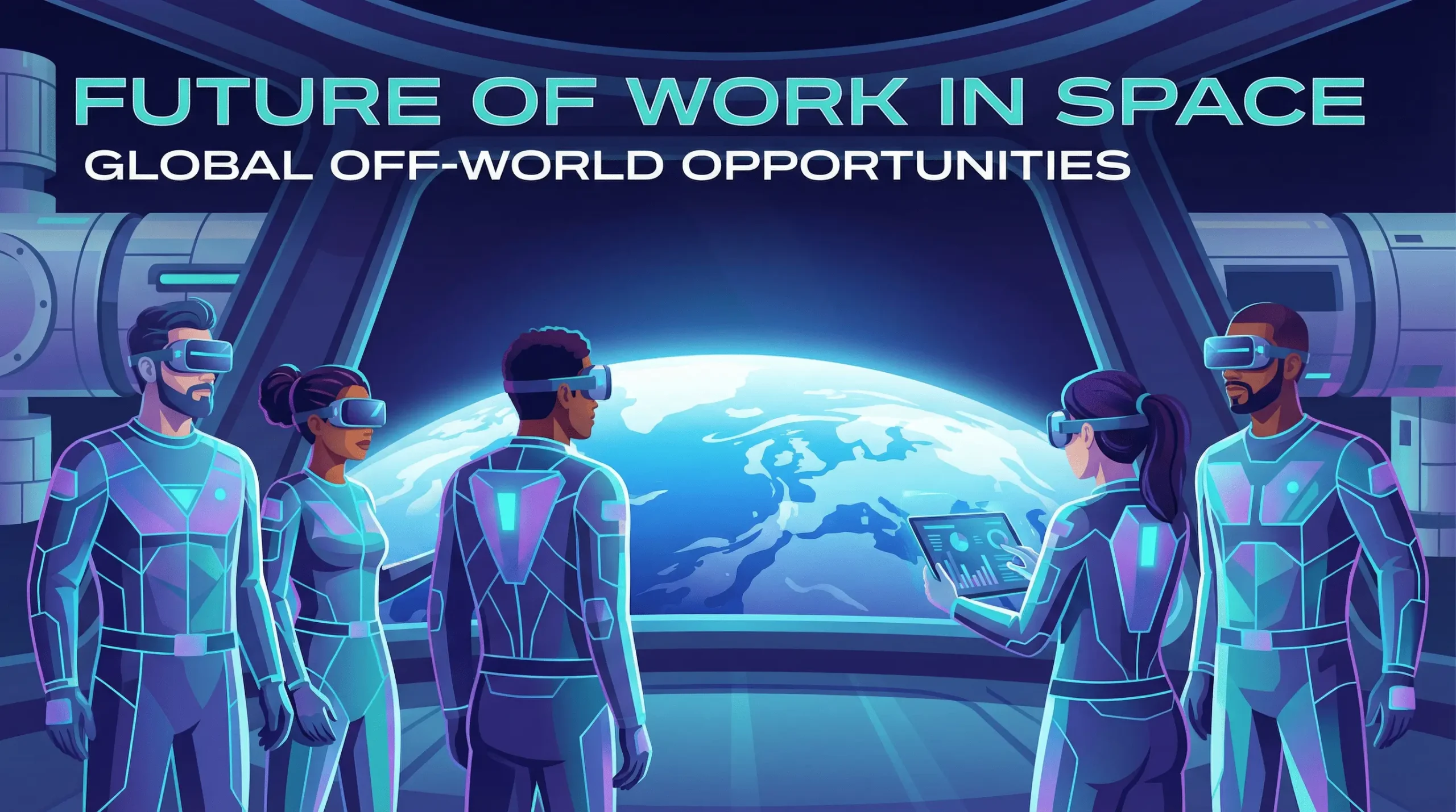 گروهی از متخصصان در لباسهای کار آیندهنگرانه از پنجره ایستگاه فضایی به زمین نگاه میکنند که نمادی از آینده مشاغل و کار در فضا است