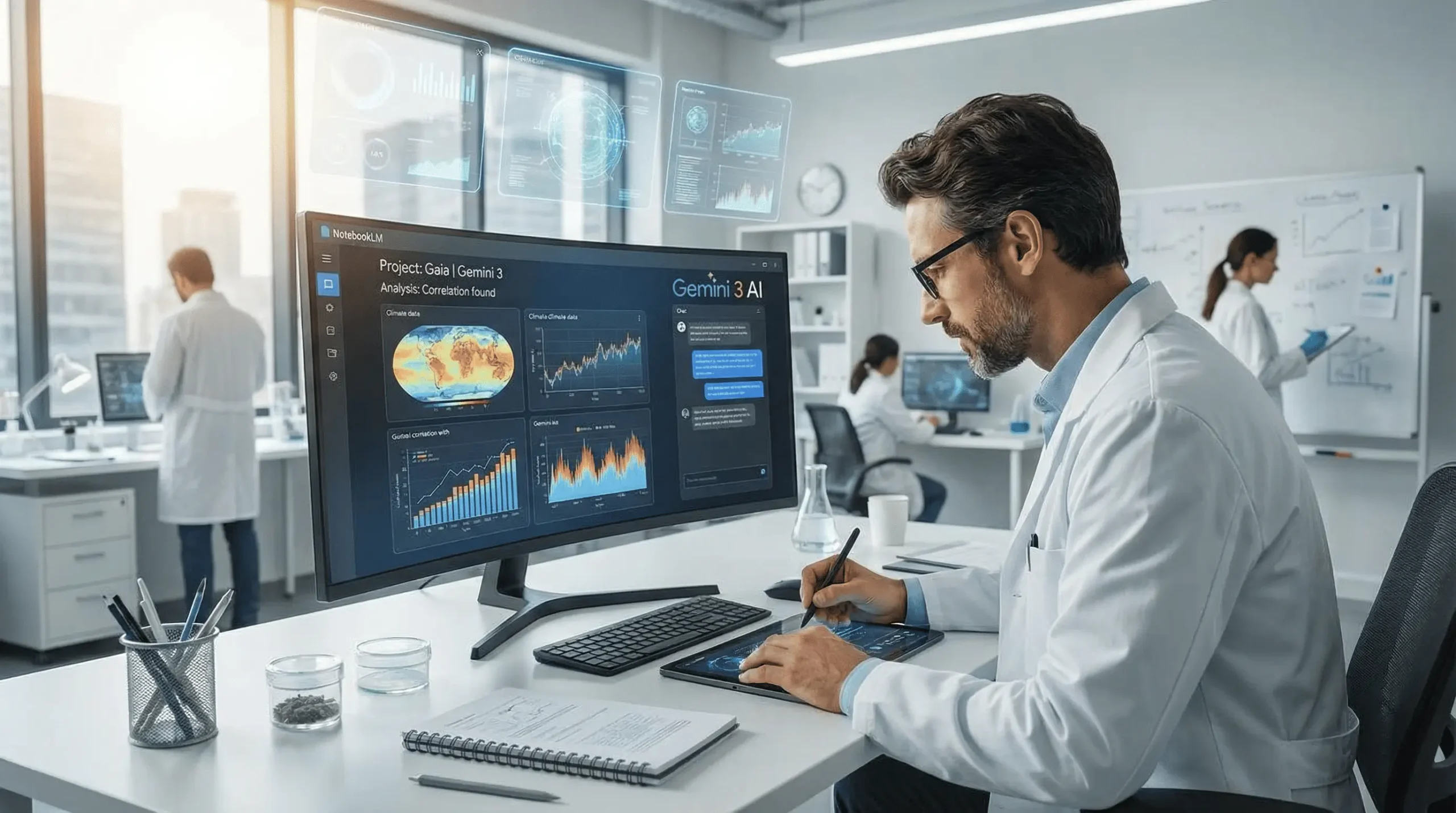تصویری از یک محقق که با کمک هوش مصنوعی Gemini 3 در NotebookLM به تحلیل داده میپردازد