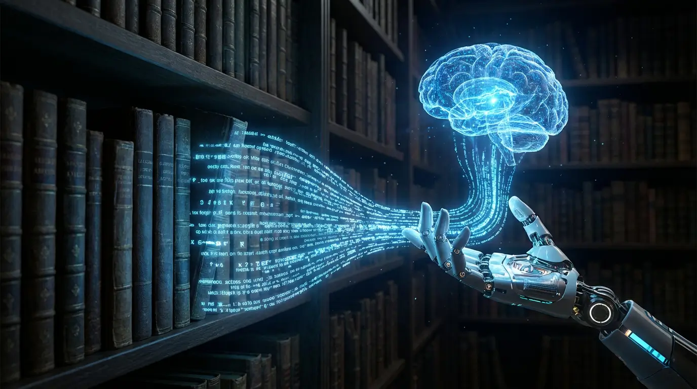دست ربات هوش مصنوعی در حال استخراج دادههای متنی از کتابهای فیزیکی در یک کتابخانه، نمادی از سرقت حق چاپ برای آموزش مدل
