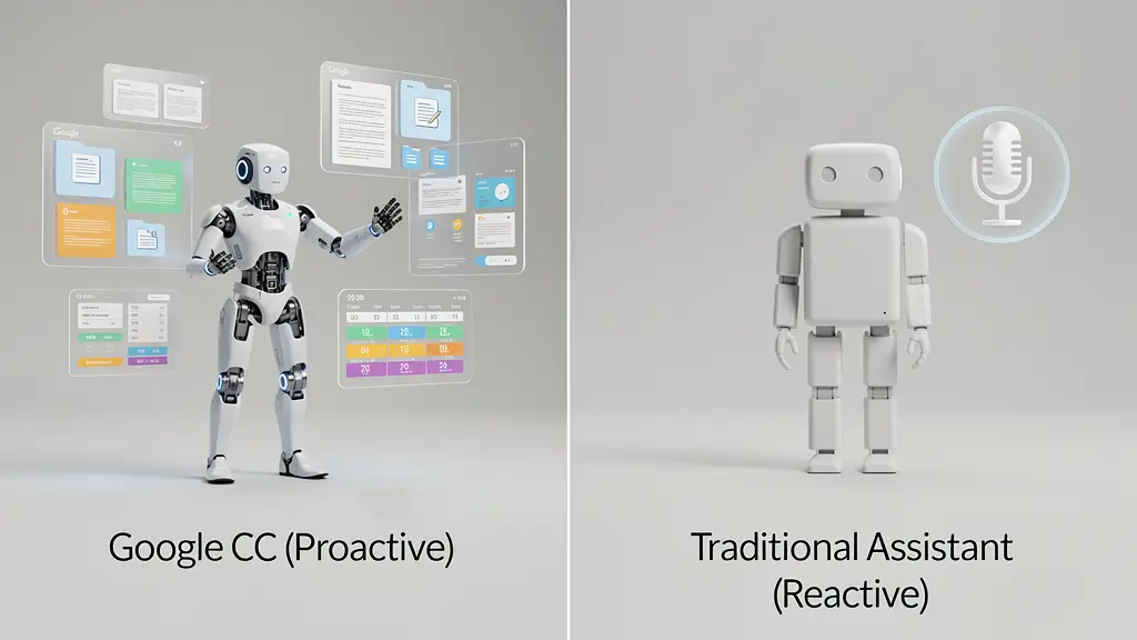 یک ربات مدرن و هوشمند (نماد CC) که به صورت خودکار در حال مرتب کردن تقویم و اسناد است، در مقابل یک ربات سادهتر که منتظر دستور صوتی است.