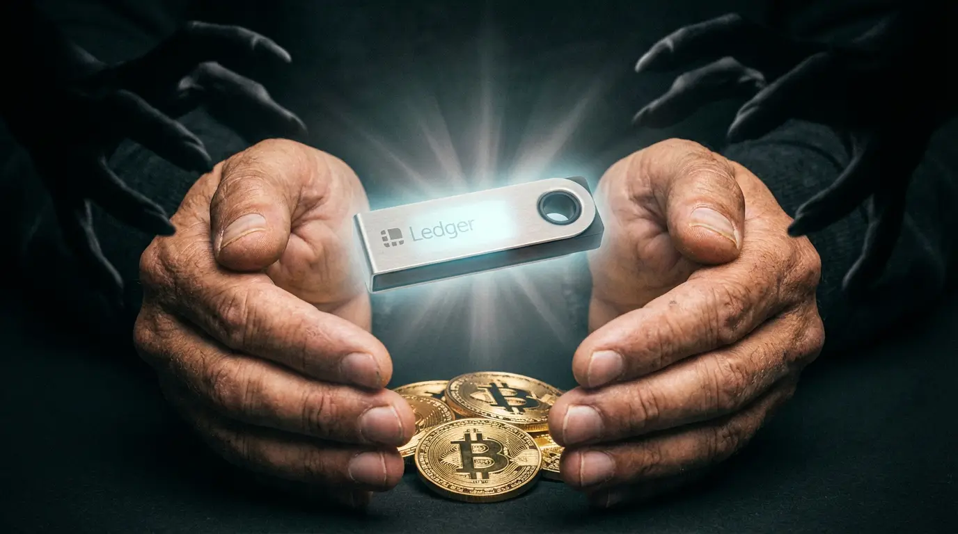 شخصی که از داراییهای رمزنگاری شده خود با یک کیف پول سختافزاری امن در برابر سارقان محافظت میکند، که نماد امنیت رمزنگاری است