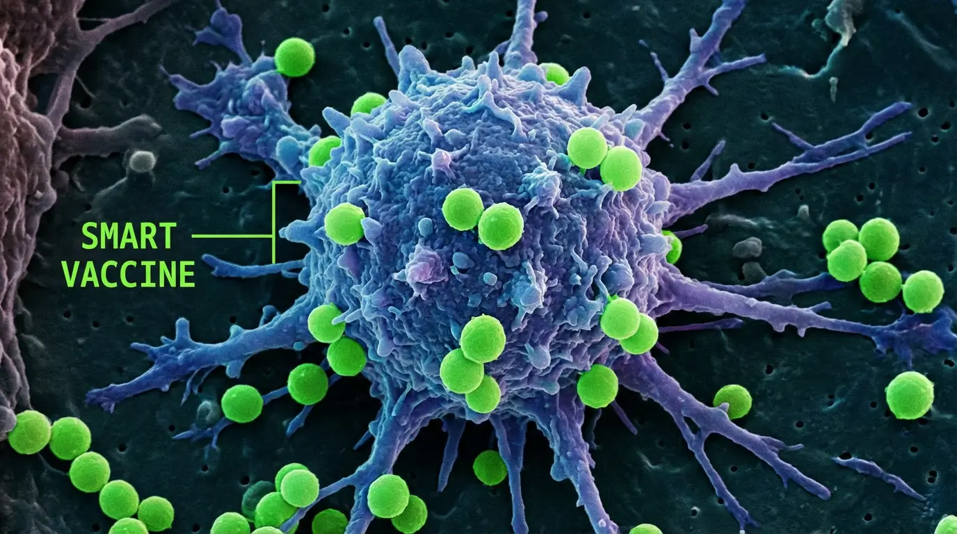 تصویر میکروسکوپی از یک سلول سرطانی که توسط ذرات واکسن هوشمند هدف قرار گرفته است