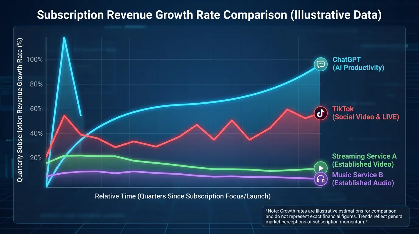 مقایسه سرعت رشد درآمد اشتراک ChatGPT با دیگر شرکتهای فناوری مانند تیکتاک