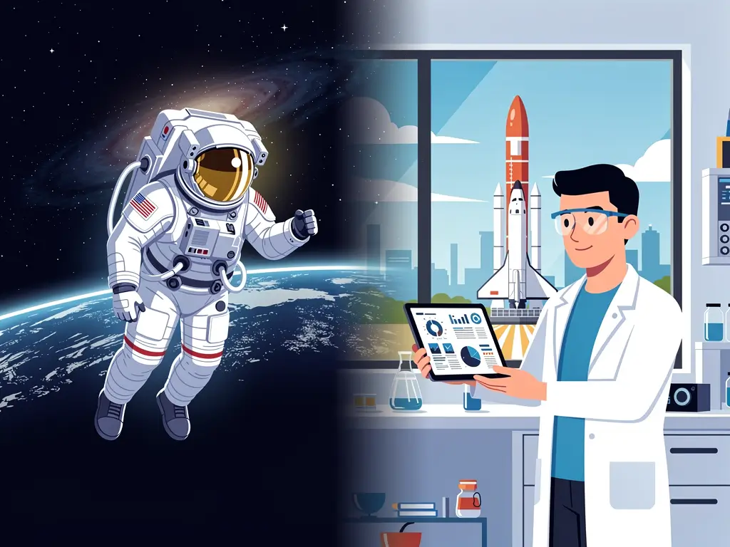 تصویر ترکیبی از یک فضانورد در فضا و یک دانشمند روی زمین که نشان‌دهنده تنوع مشاغل فضایی از فضا تا زمین است