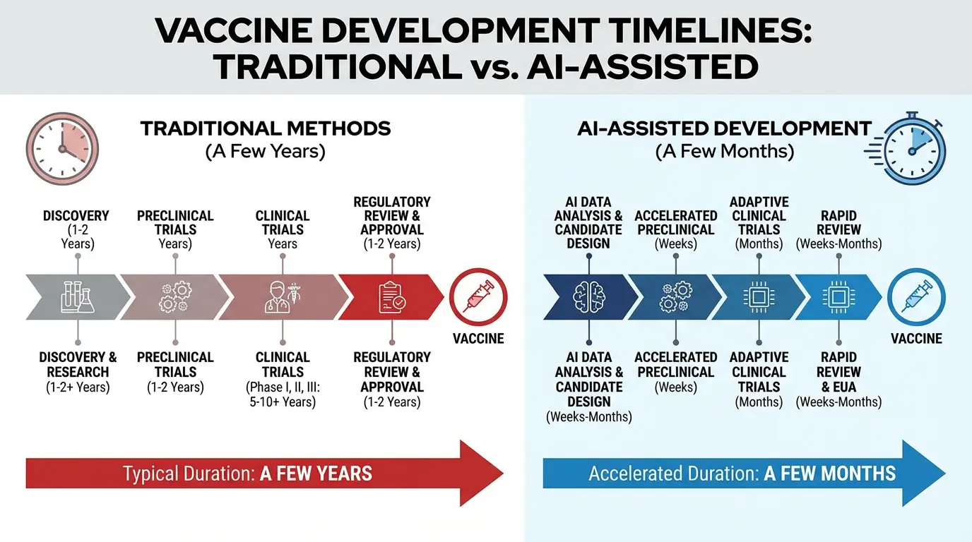 اینفوگرافیکی که تفاوت سرعت توسعه واکسن به روش سنتی (چند سال) و با کمک هوش مصنوعی (چند ماه) را نشان میدهد