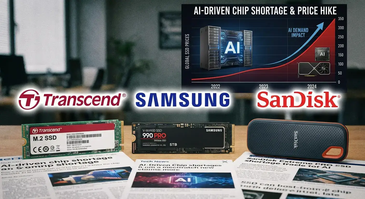 تصویر یک درایو SSD در کنار لوگوی Transcend، سامسونگ و SanDisk با نمودار افزایش قیمت در پسزمینه که به تأثیر هوش مصنوعی بر کمبود جهانی تراشه اشاره دارد.