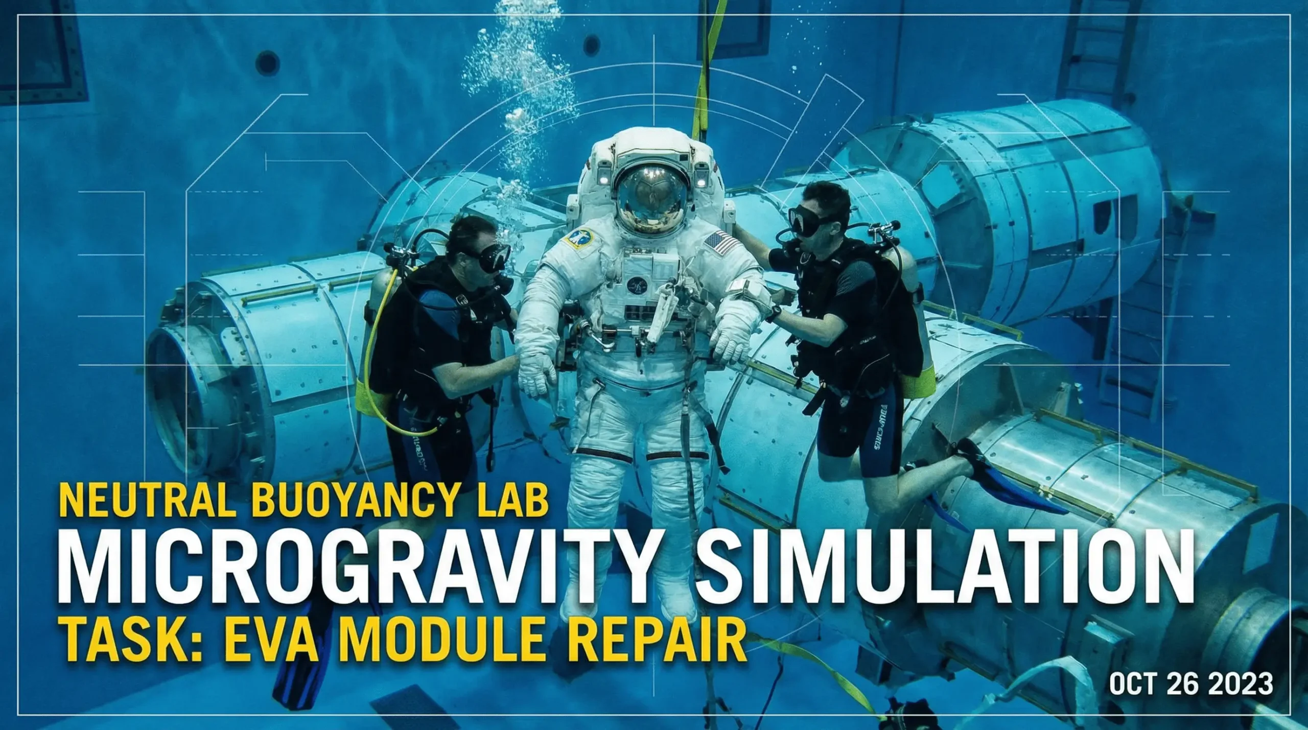 یک فضانورد در حال تمرین در استخر بی‌وزنی که نشان‌دهنده آموزش‌های سخت و تخصصی برای کار در فضا است