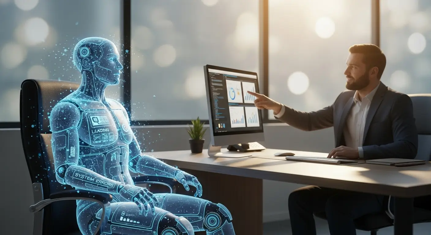 یک عامل هوش مصنوعی هولوگرافیک سوسو زننده پشت میز که نماد محدودیتها و خطاهای عاملهای هوش مصنوعی فعلی در محیط کار است