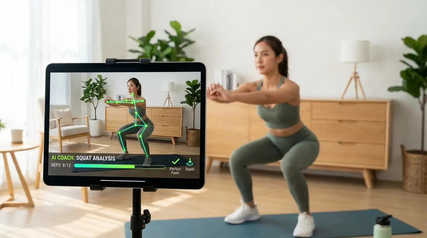 نرمافزار هوش مصنوعی در حال تحلیل زاویه مفاصل و وضعیت بدن حین تمرین در خانه