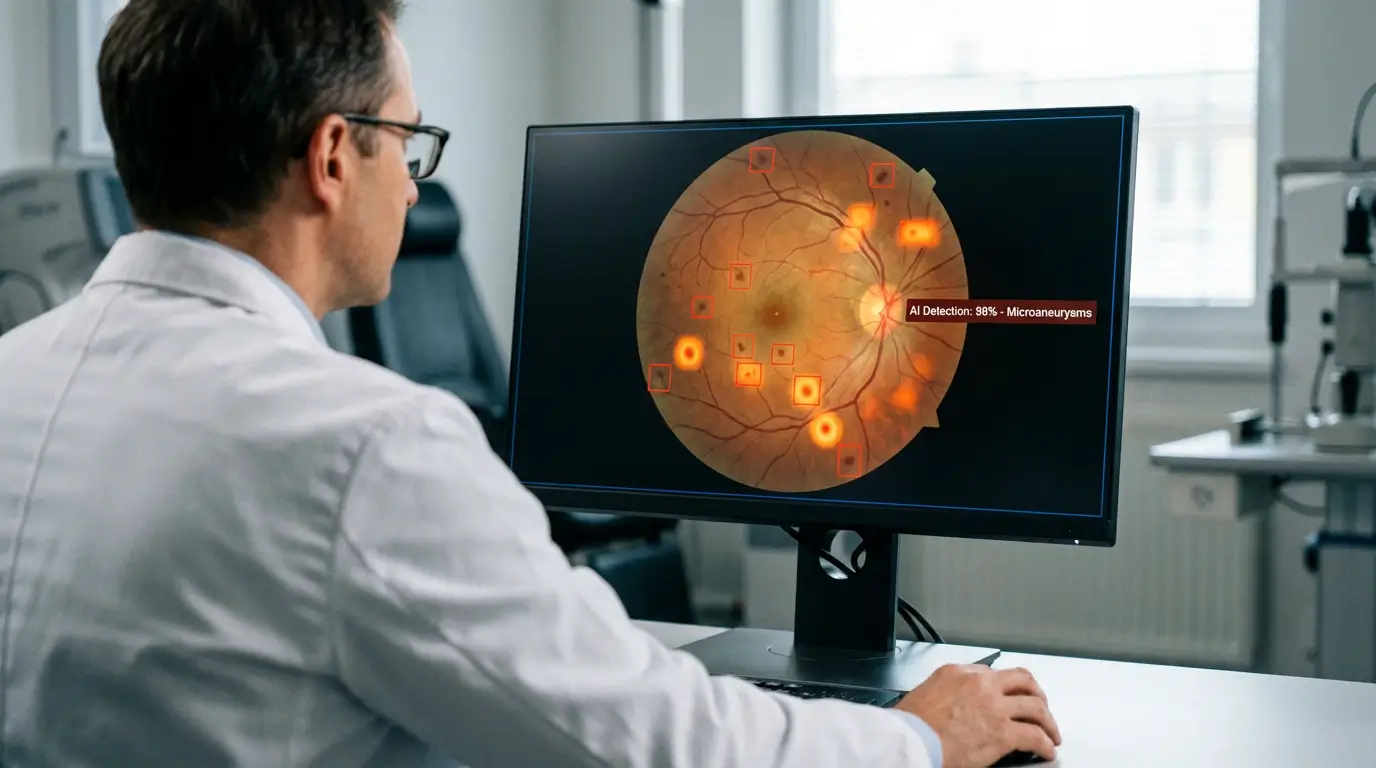 نرمافزار هوش مصنوعی که اسکن شبکیه را روی مانیتور کامپیوتر تجزیه و تحلیل میکند، نواحی رتینوپاتی دیابتی را با نقشههای حرارتی برجسته میکند