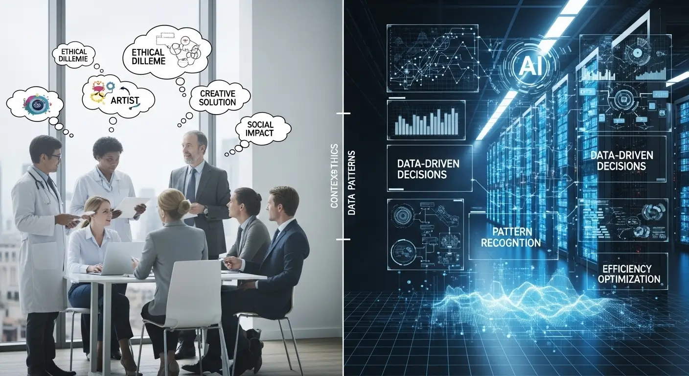 مقایسه هوش انسانی (زمینه و اخلاق) در مقابل هوش مصنوعی (الگوهای داده) در کار حرفهای