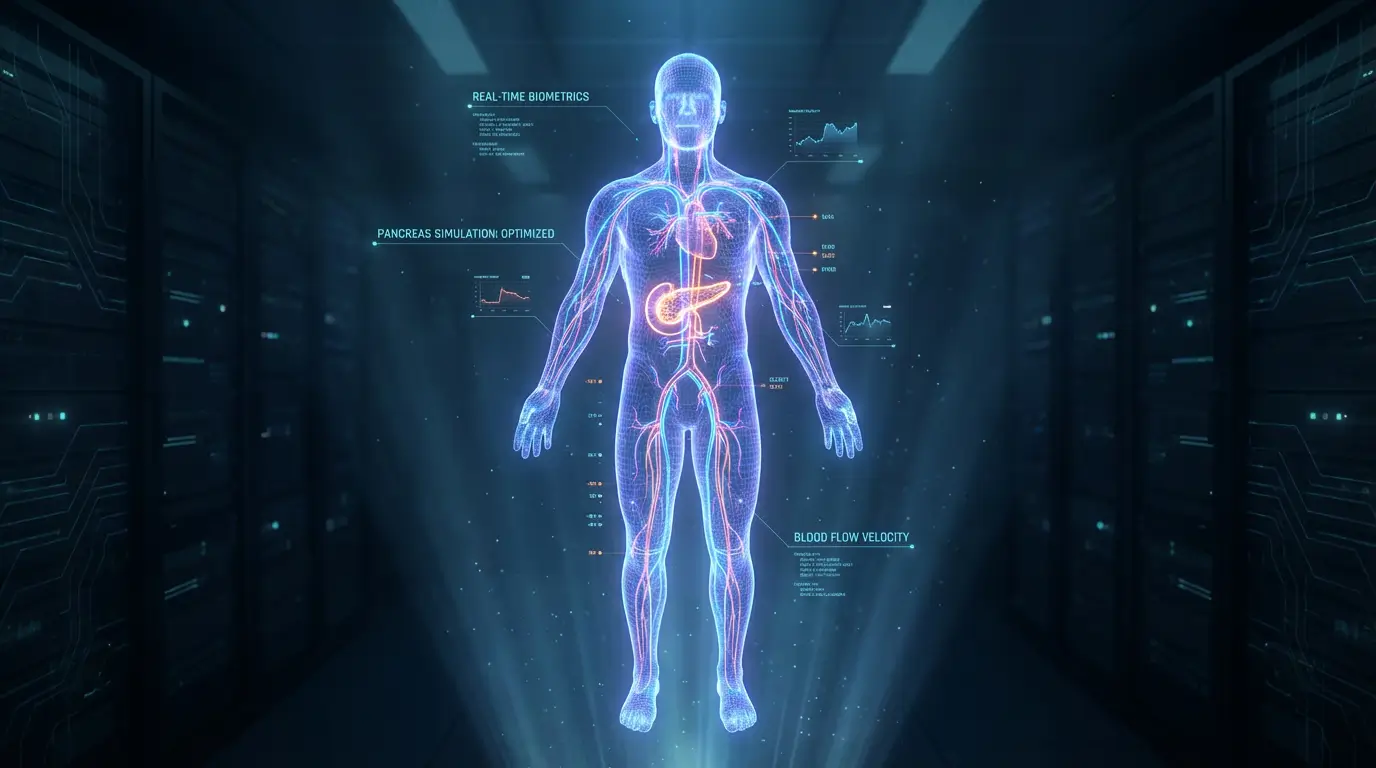 مفهوم دوقلوی دیجیتال که یک قاب سیمی هولوگرافیک از بدن انسان را نشان میدهد و پاسخهای متابولیکی به انسولین را تجزیه و تحلیل میکند