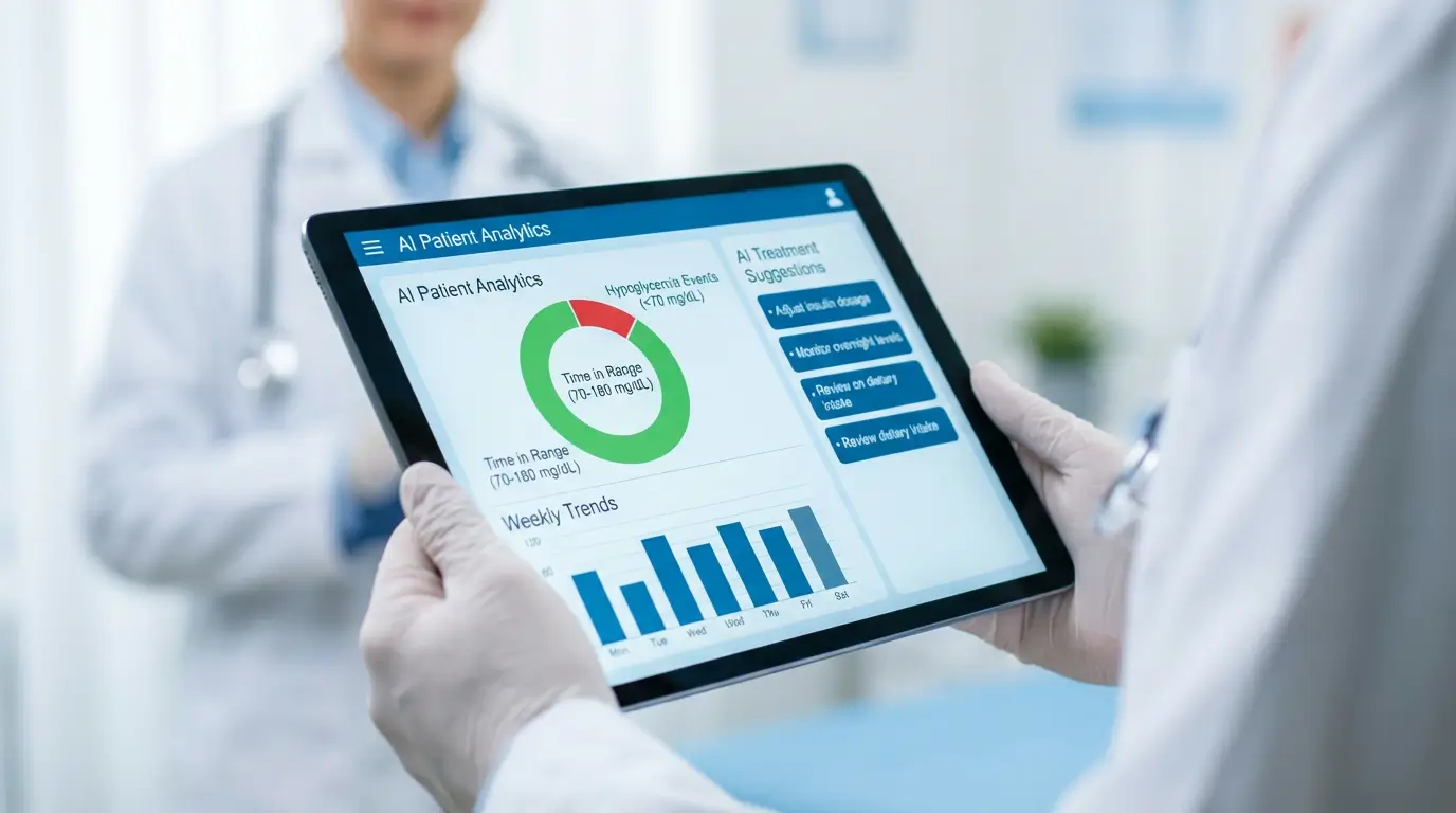 پزشکی که یک تبلت پزشکی در دست دارد و گزارش جامع دیابت تولید شده توسط هوش مصنوعی و تجزیه و تحلیل "زمان در محدوده" را برای یک بیمار نمایش میدهد