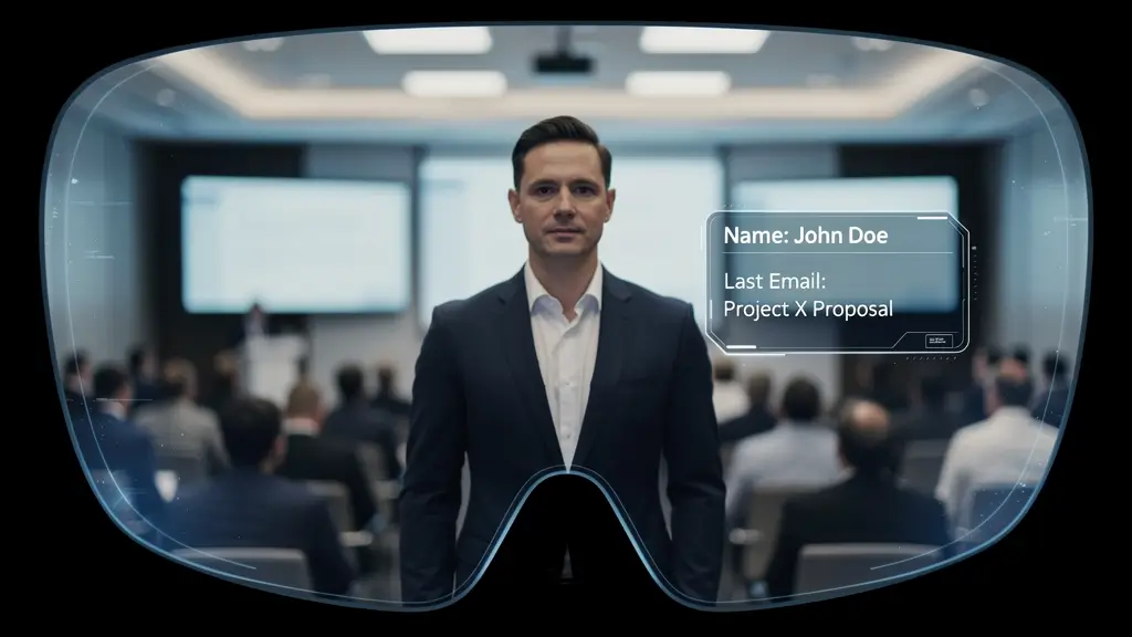 نمای اول شخص از عینک‌های Pickle-1 که یک مخاطب حرفه‌ای را شناسایی کرده و تاریخچه ایمیل را نمایش می‌دهد