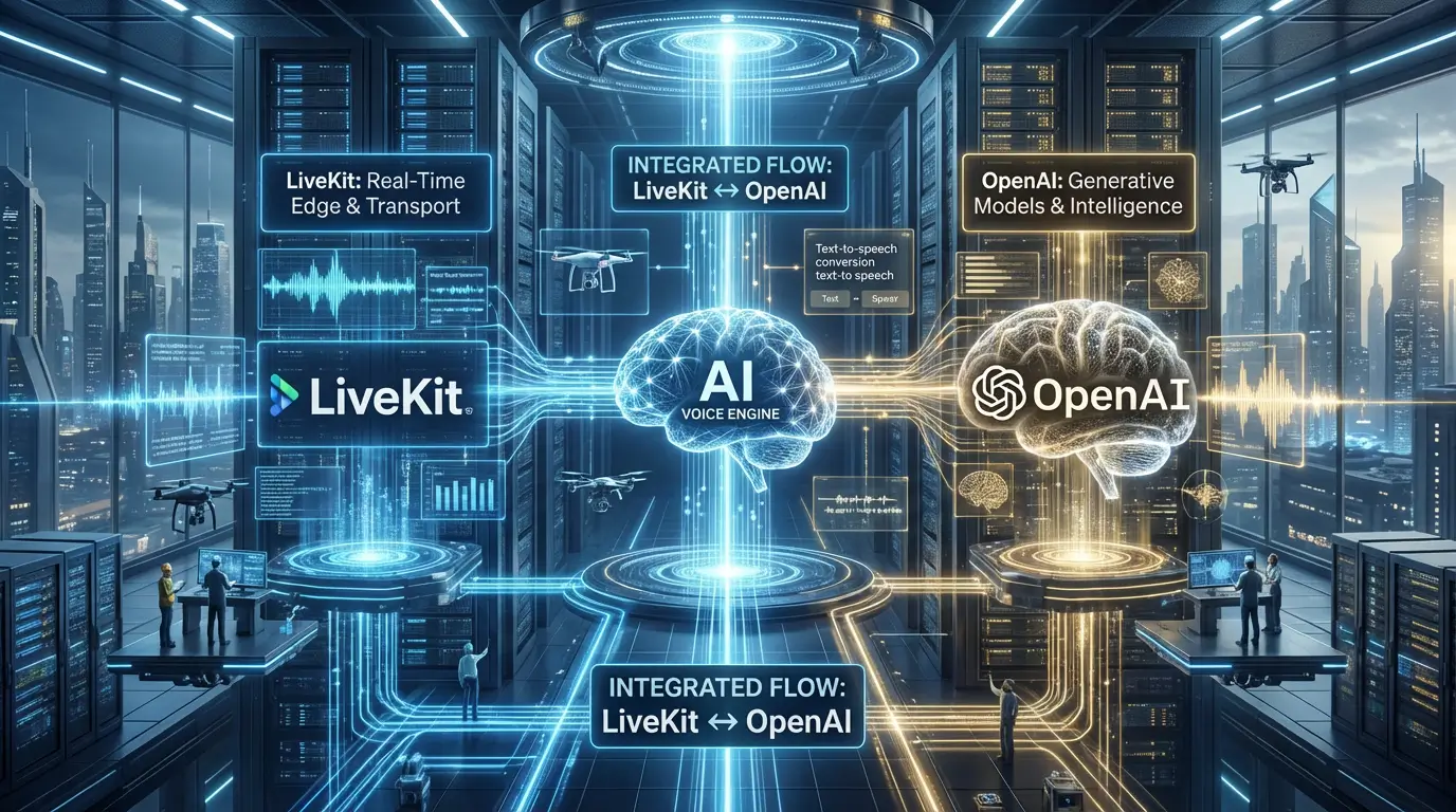 زیرساخت موتور صدای هوش مصنوعی آیندهنگر که ادغام بین LiveKit و OpenAI را نشان میدهد