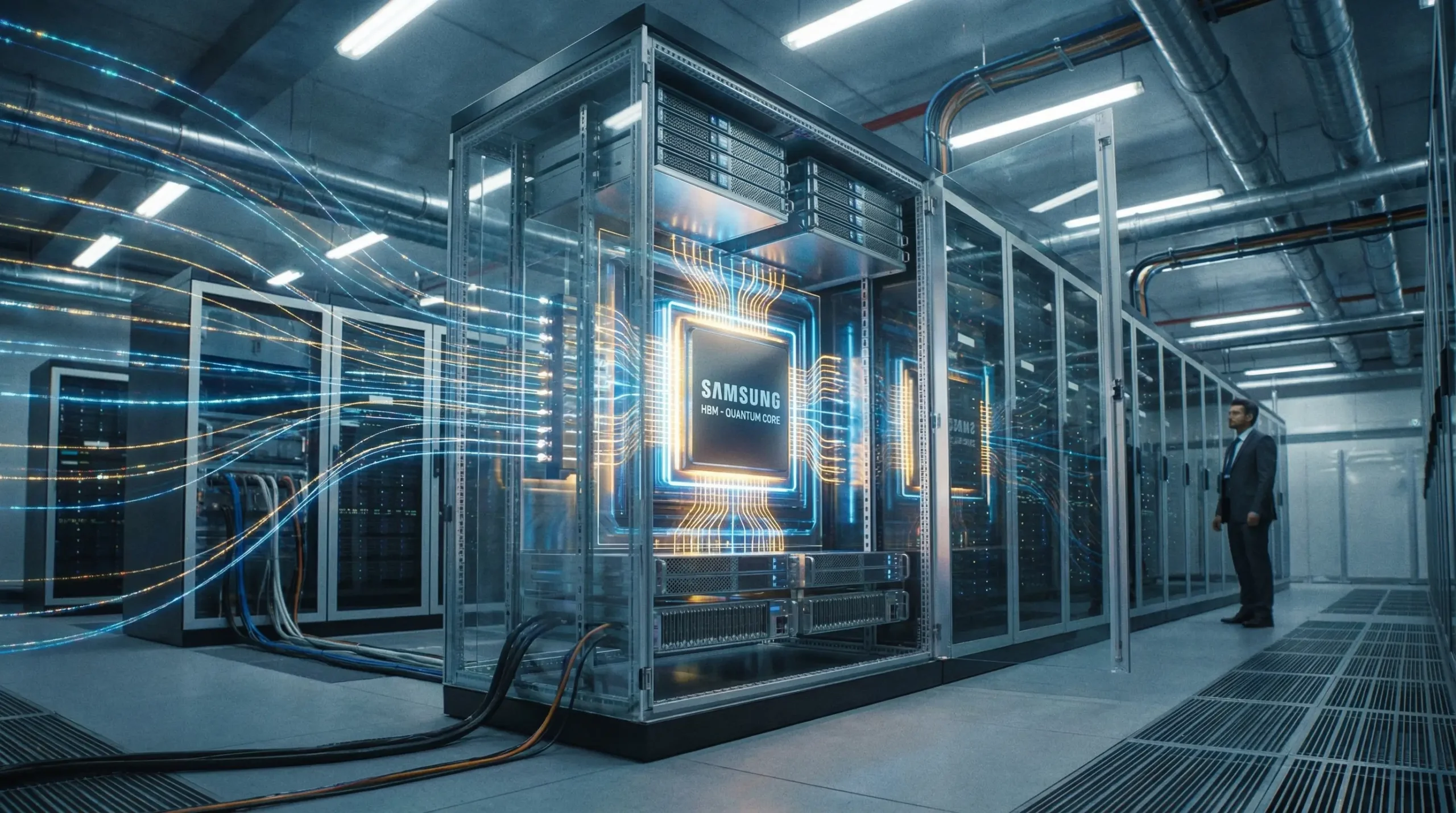 یک تراشه حافظه HBM درخشان که به عنوان قلب تپنده و قدرتمند یک رک سرور هوش مصنوعی آیندهنگر به تصویر کشیده شده است، اهمیت حیاتی آن را برجسته میکند