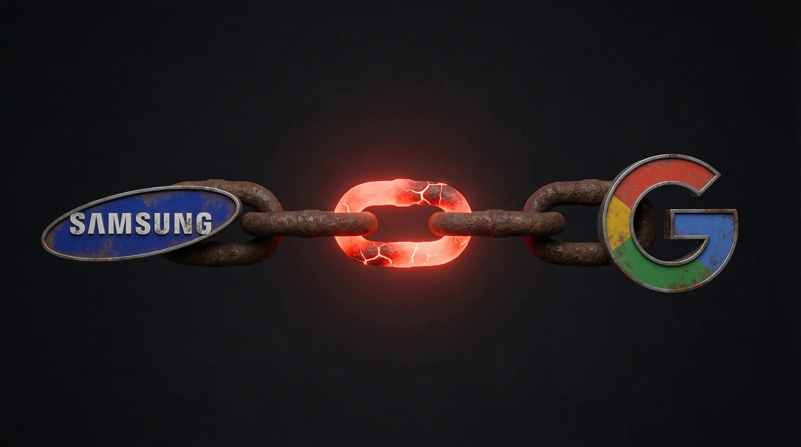 تصویری نمادین از یک زنجیر سنگین که لوگوهای سامسونگ و گوگل را به هم متصل میکند، با یک حلقه قرمز درخشان و ترکخورده در وسط که با عنوان «اختلاف بر سر حق ثبت اختراع» مشخص شده است