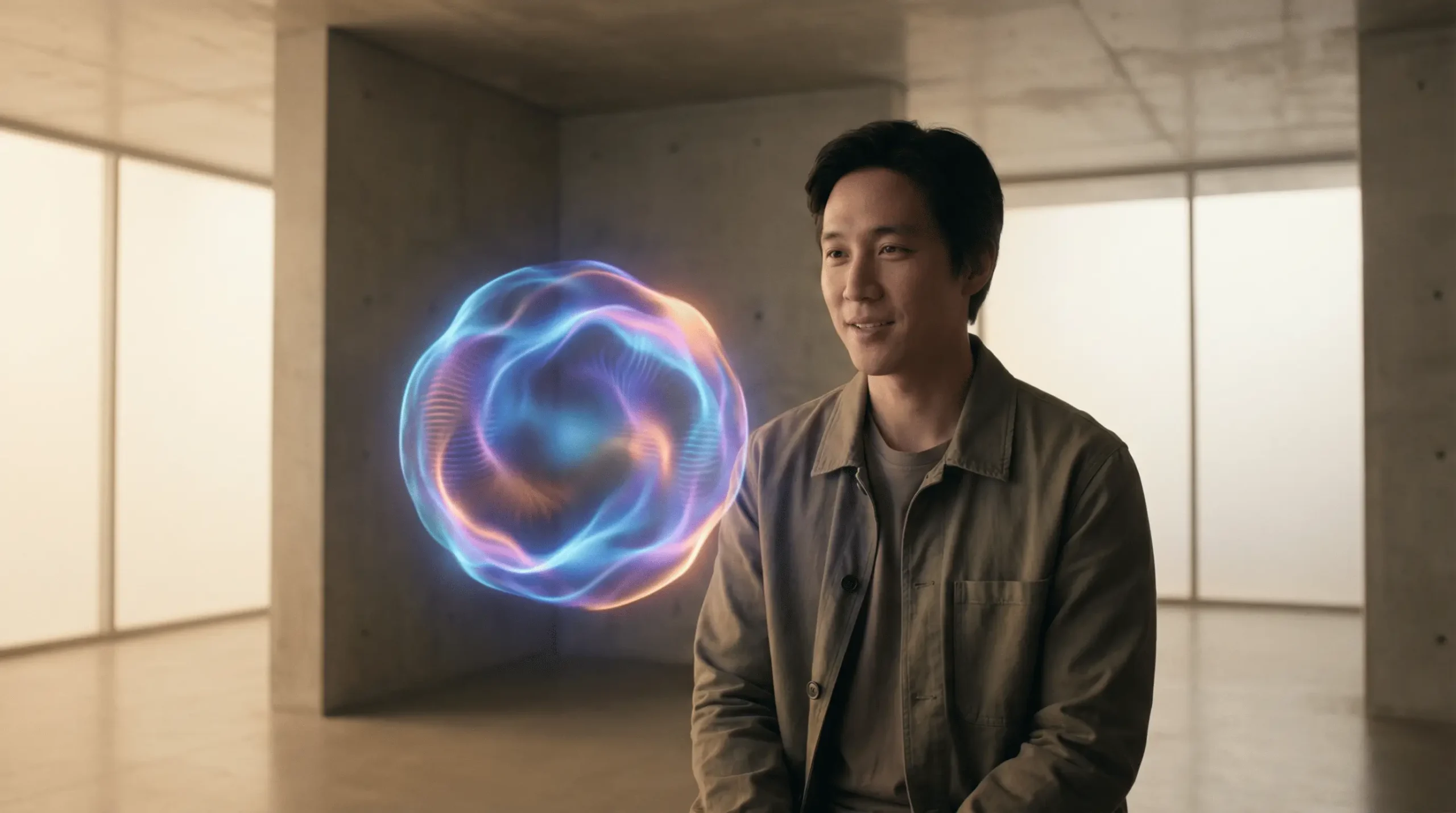 یک نمای سینمایی با کیفیت بالا از شخصی که به طور طبیعی با موج صوتی سیال، درخشان و چند رنگ (به سبک Siri/GPT-4o) صحبت می‌کند