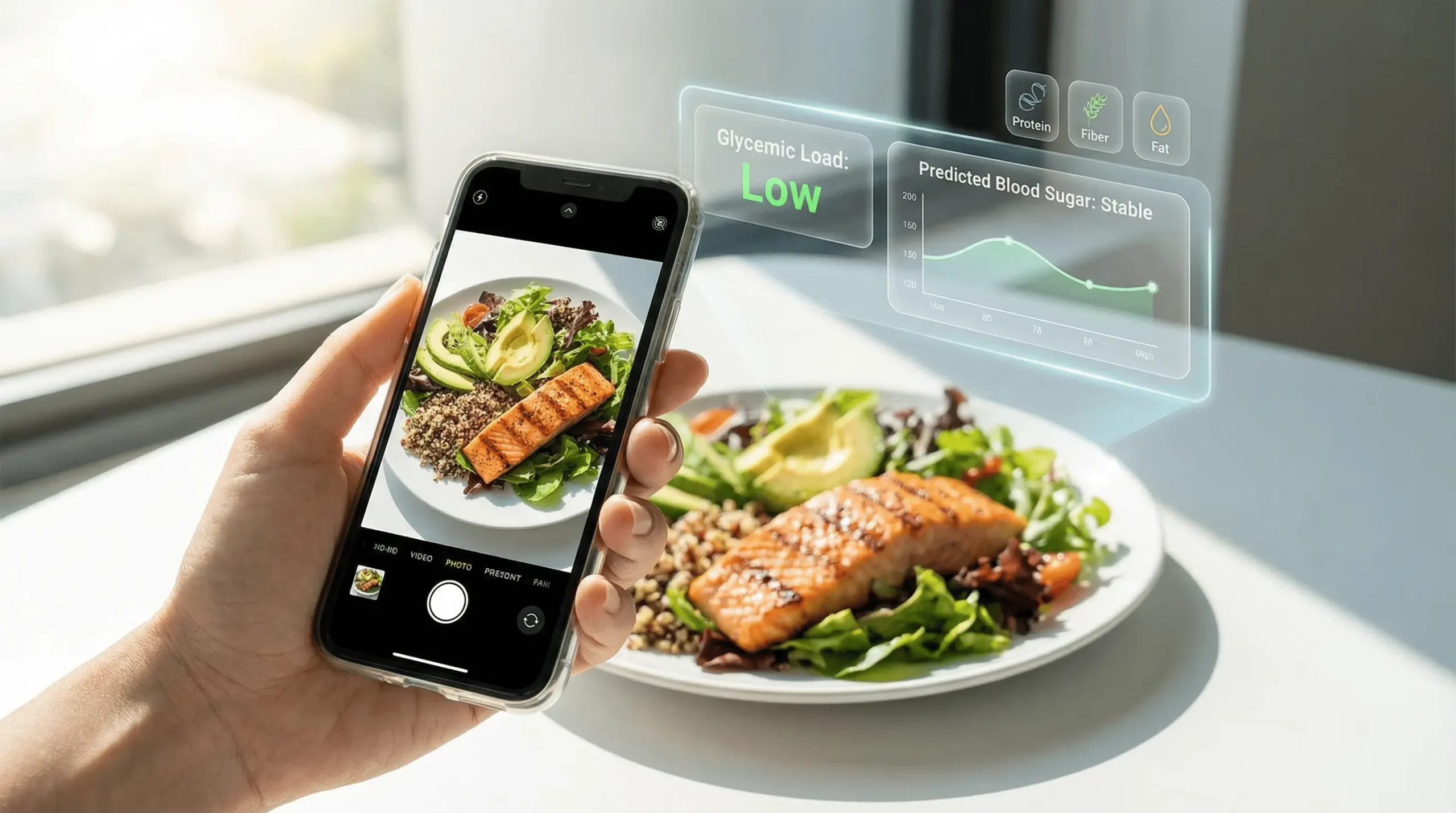 اپلیکیشن گوشی هوشمند با استفاده از هوش مصنوعی، مواد غذایی تازه را اسکن کرده و نمودارهای پیشبینی شاخص گلیسمی و قند خون شخصیسازیشده را نمایش میدهد