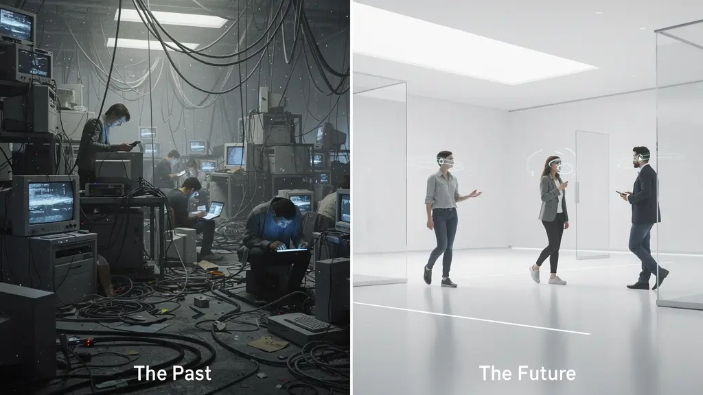 مقایسه‌ی تقسیم صفحه نمایش: گذشته‌ی آشفته و پر هرج و مرجِ غرق در صفحه نمایش در مقابل آینده‌ای پاک و بدون صفحه نمایش که توسط هوش مصنوعی صوتی پشتیبانی می‌شود